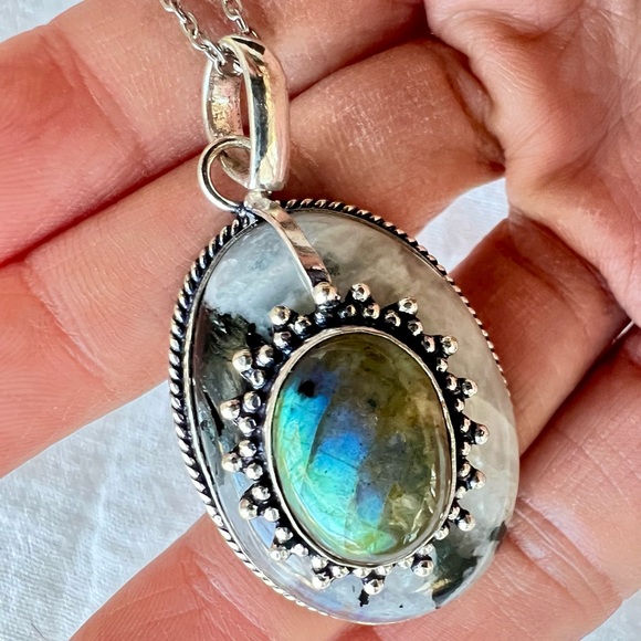 925 OMG Gorgeous! Flash Labradorite + Moonstone w/ Tourmaline Necklace Pendant - Picture 3 of 8